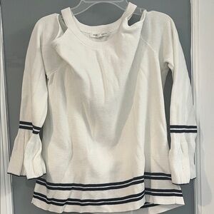 Women’s White Cold-Shoulder Sweater with Navy Stripe Detail